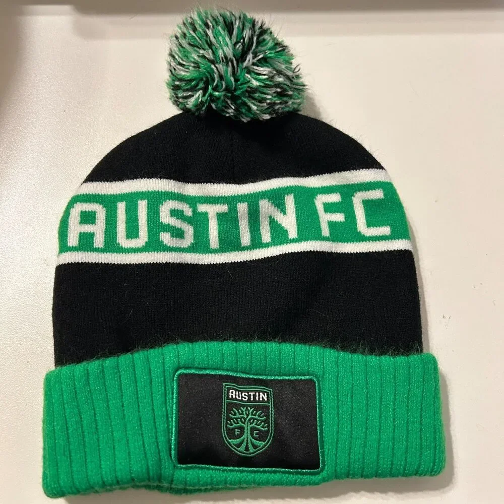 Austin FC Q2 MLS Black Green Knit PomPom Beanie Youth Hat Cap Soccer Futbol